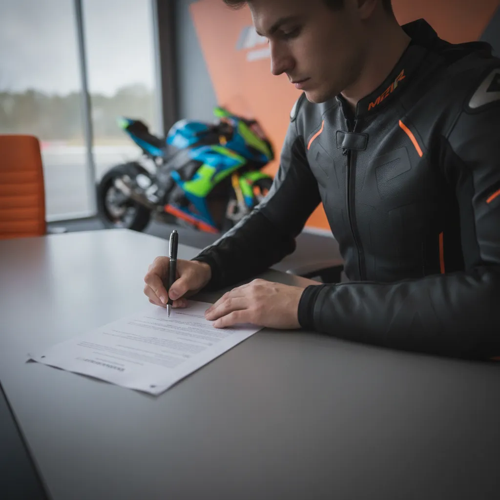 A rider signs a contract at a table, representing Fabio Di Giannantonio securing his factory KTM deal.
