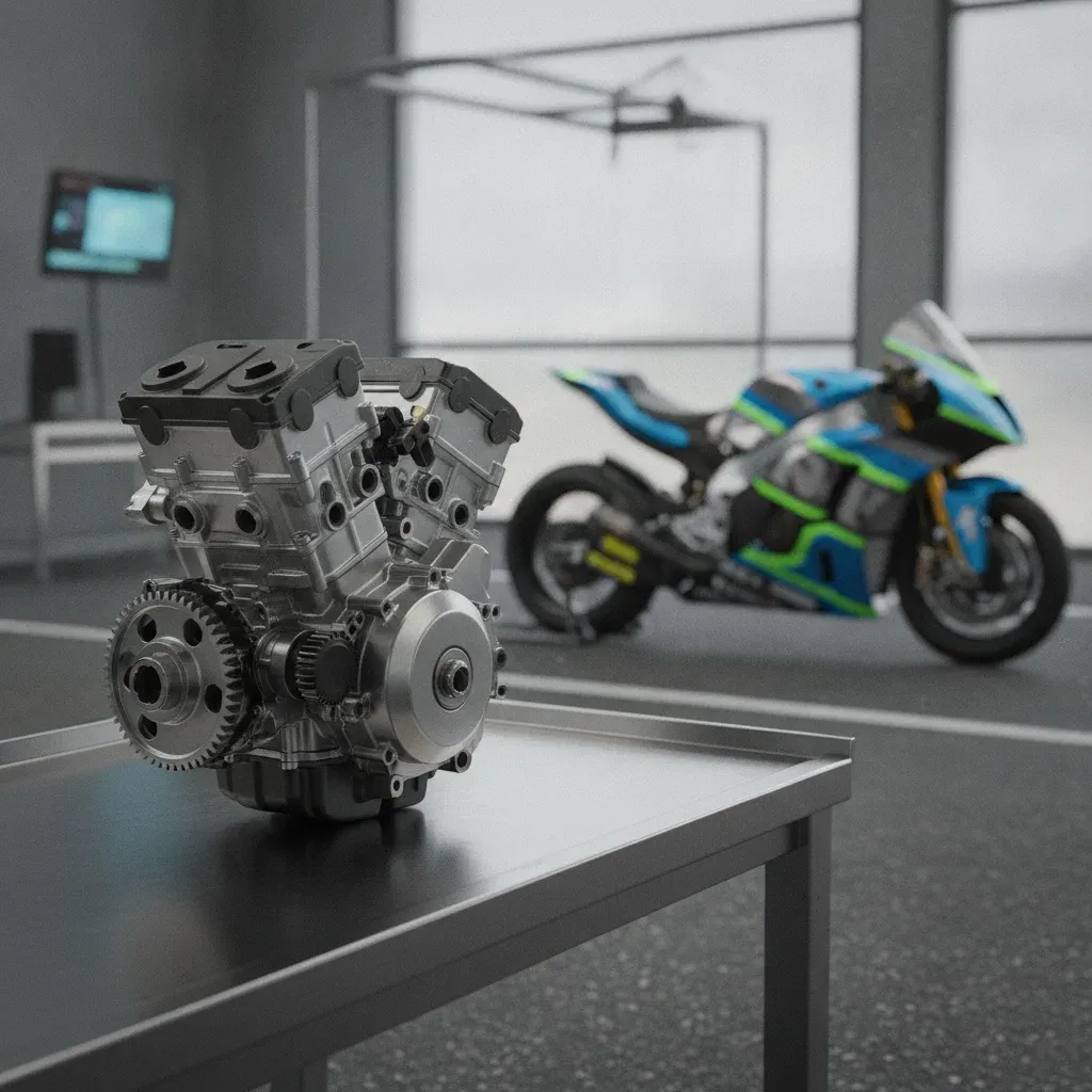 A new prototype MotoGP engine on a workbench, symbolising the upcoming 2027 technical rule changes.
