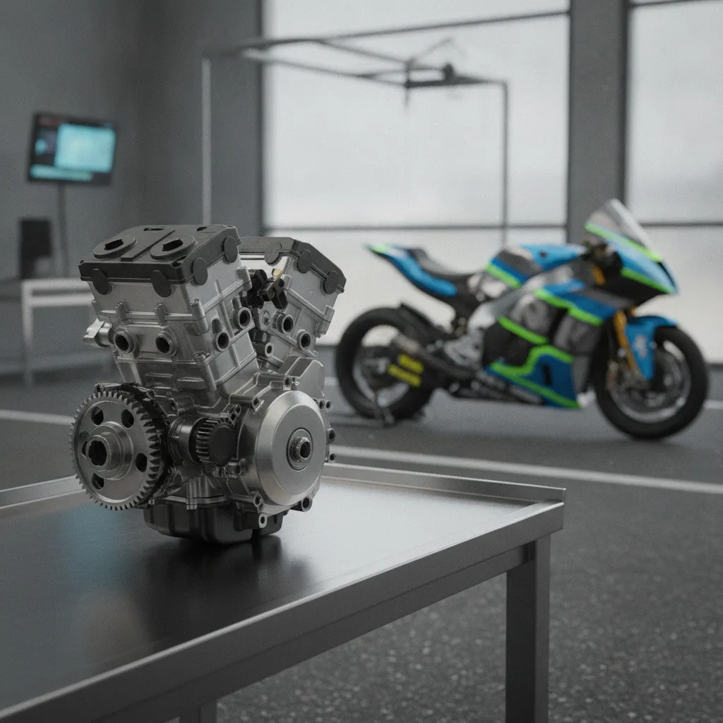 A new prototype MotoGP engine on a workbench, symbolising the upcoming 2027 technical rule changes.