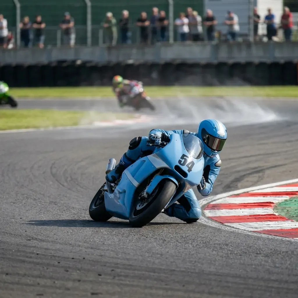 A motion-blurred, track-level shot of an anonymous racer on a Moto2-style bike, leaned over at an impossible angle throu
