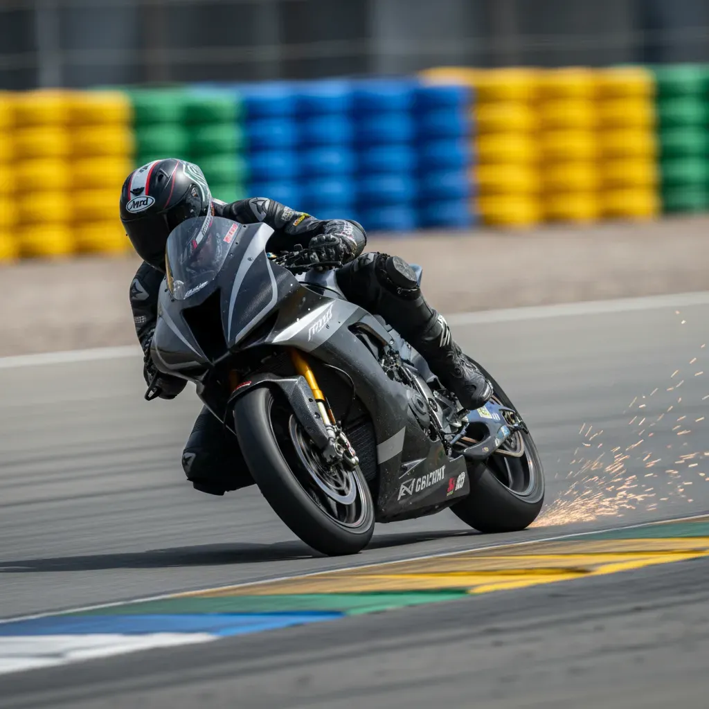 A motion-blurred, track-level shot of an anonymous racer on a Moto2-style bike, leaned over at an impossible angle throu