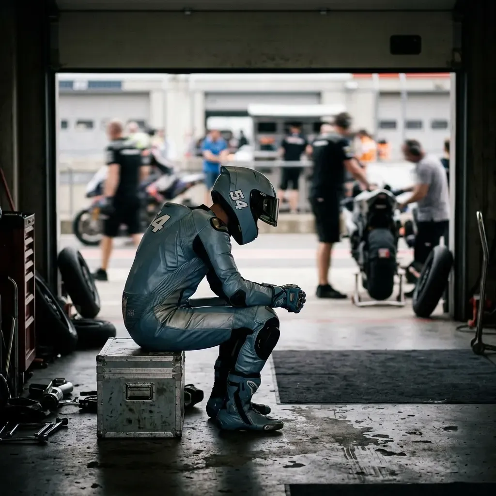 A quiet, candid moment in a pit box. An anonymous young rider, helmet off, sits on a stool, eyes closed in deep concentr