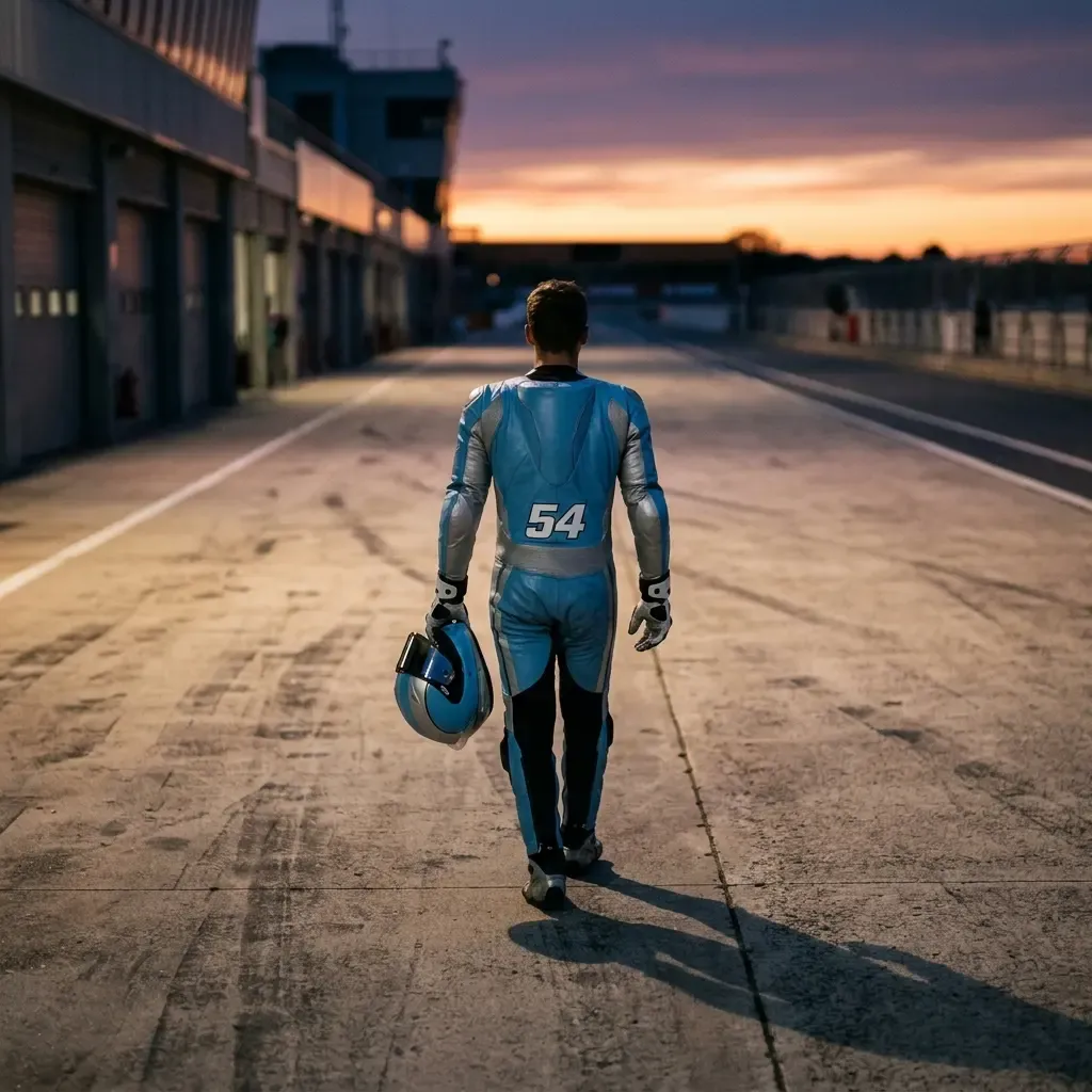 An atmospheric shot of a lone, anonymous rider in plain leathers walking down an empty pit lane at dusk, helmet under hi