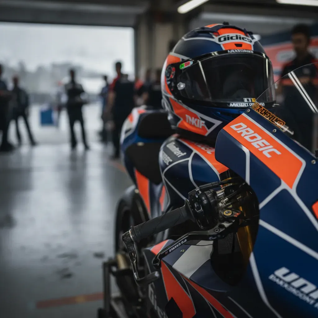A close-up of a rider's helmet resting on the seat of his MotoGP bike in the pit garage.