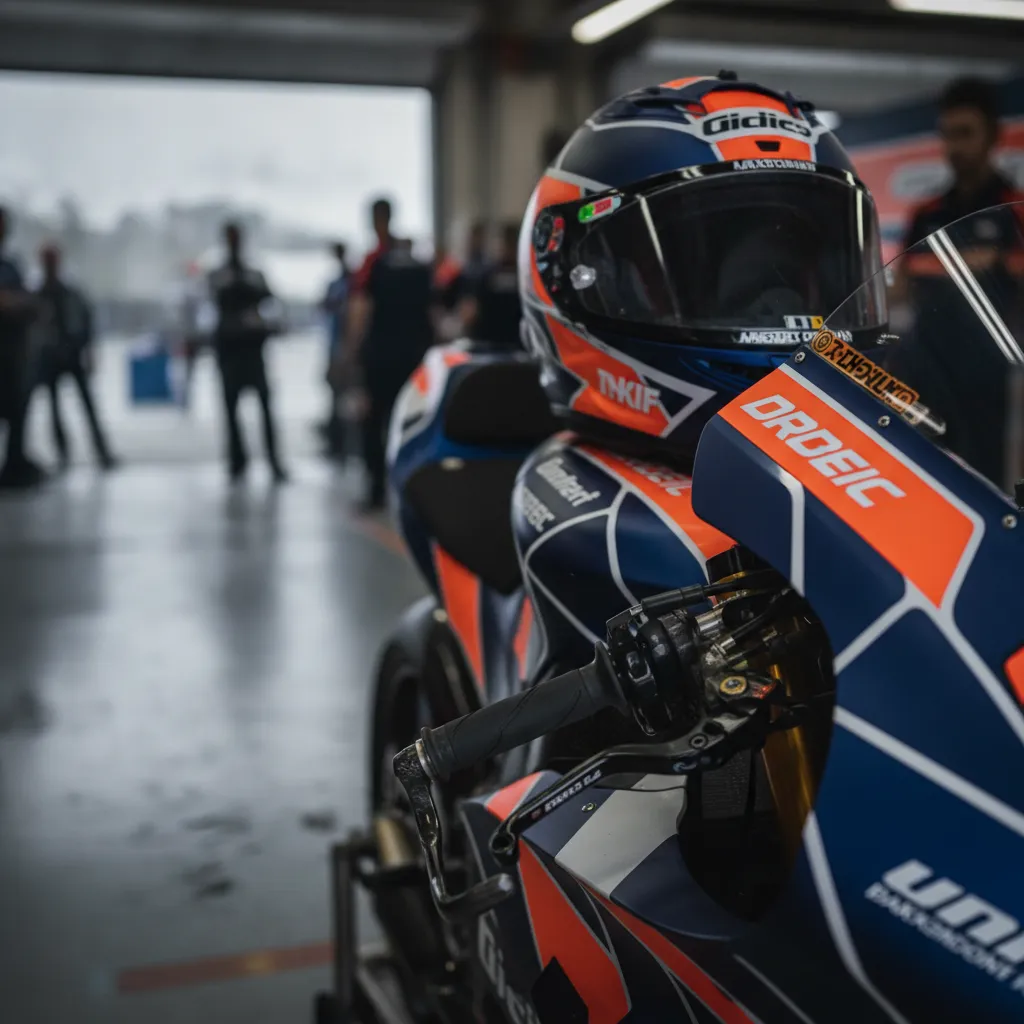 A close-up of a rider's helmet resting on the seat of his MotoGP bike in the pit garage.