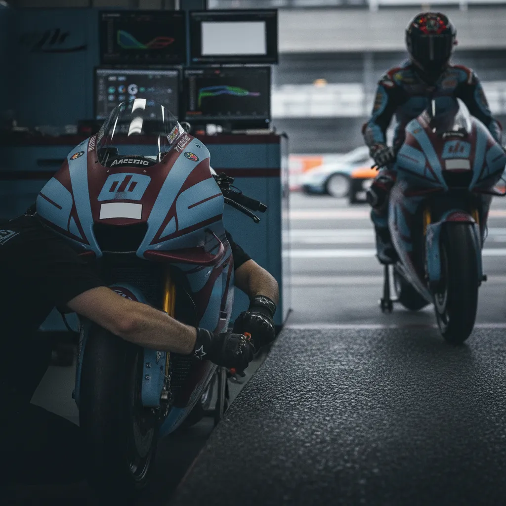 A mechanic making precise adjustments to the front suspension of a Gresini race bike in the pit garage.