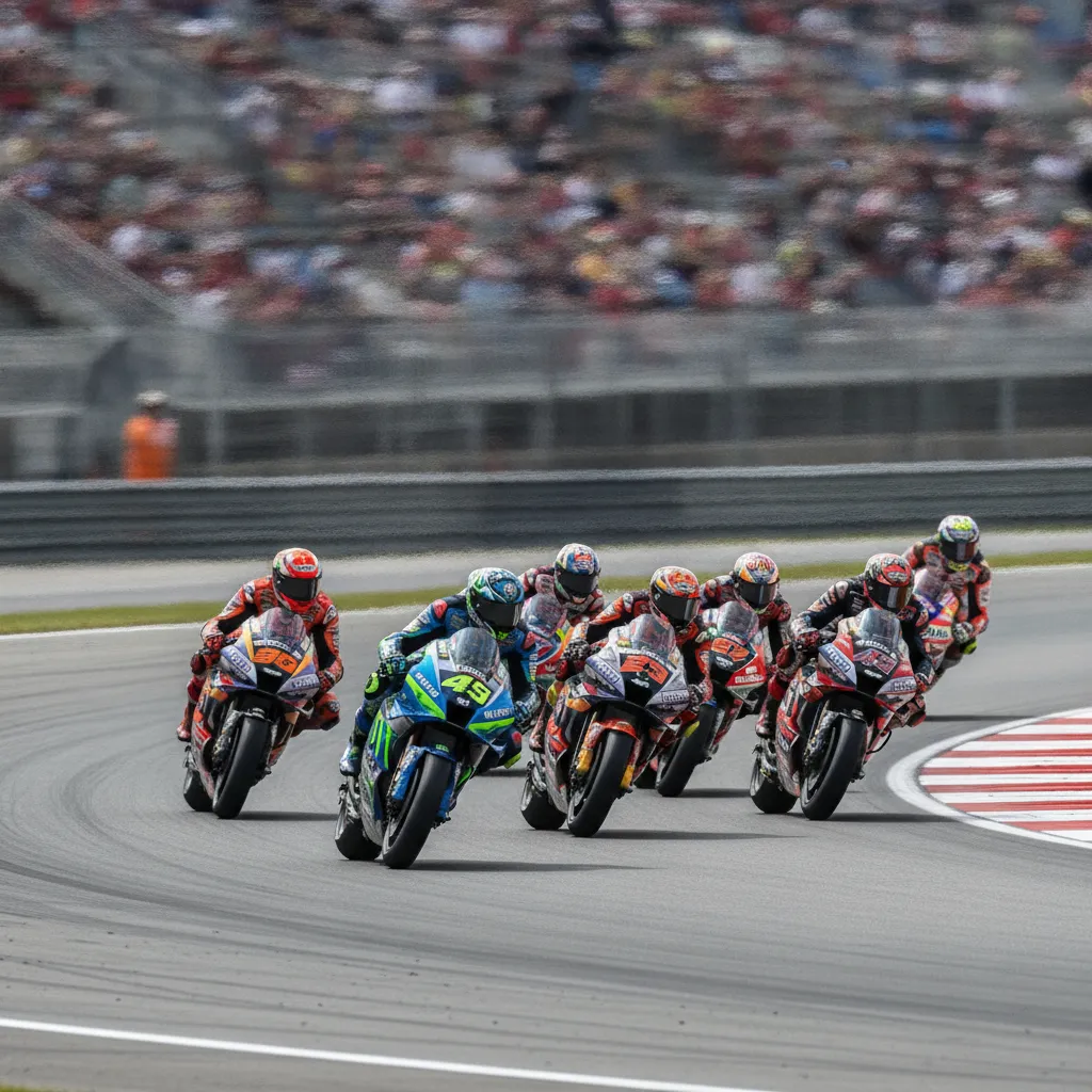 An aerial view of several MotoGP bikes battling through the final chicane at the Assen circuit in front of a large crowd.