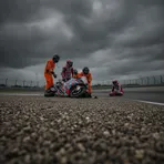 Trackside marshals attending to Fermín Aldeguer's damaged Gresini racing bike in the gravel after his crash during practice at the Dutch GP.