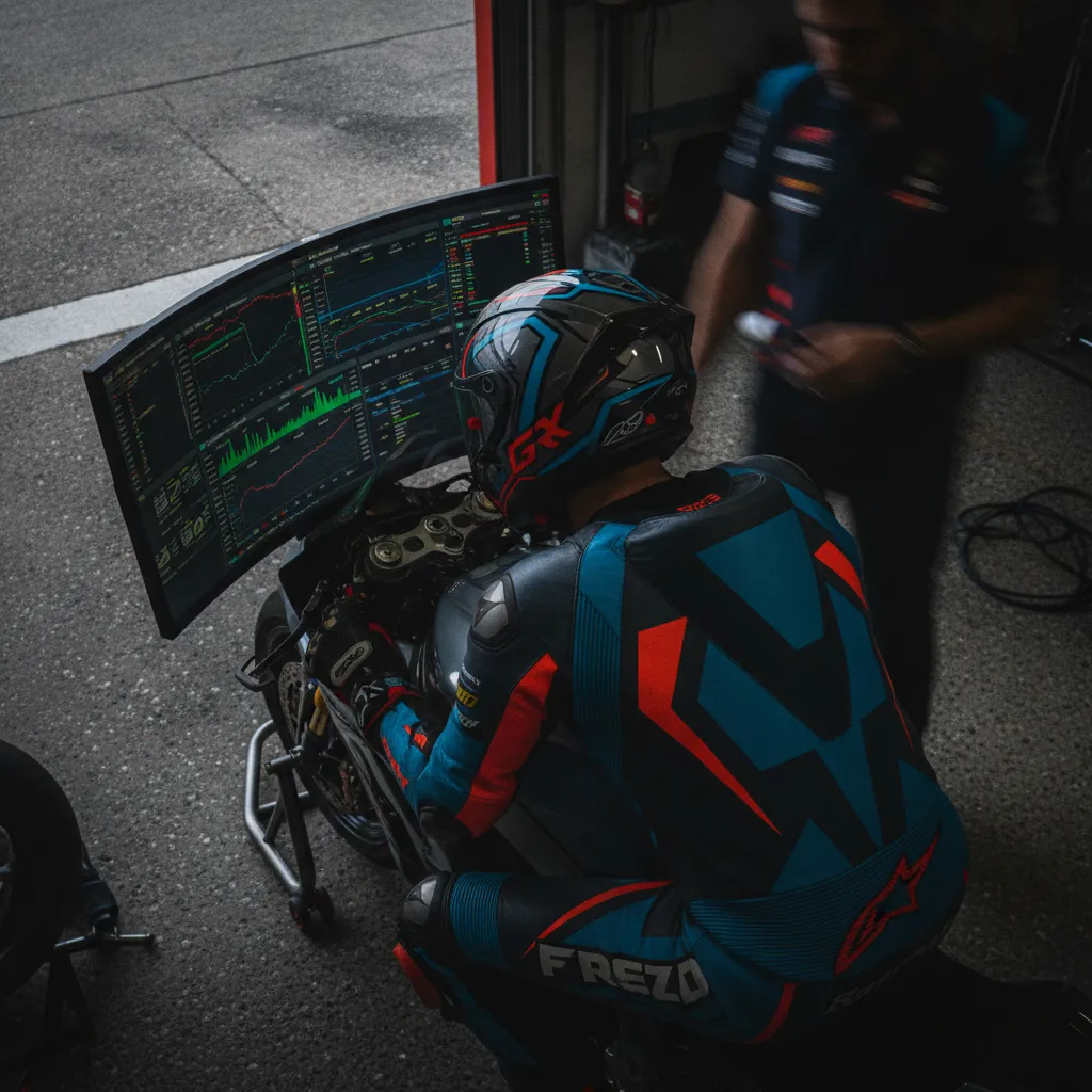 A triumphant Francesco Bagnaia celebrates a victory on the podium, holding a trophy.