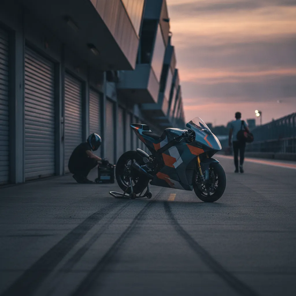 A quiet and empty pit lane at a racetrack, signifying the MotoGP summer break and recovery period.