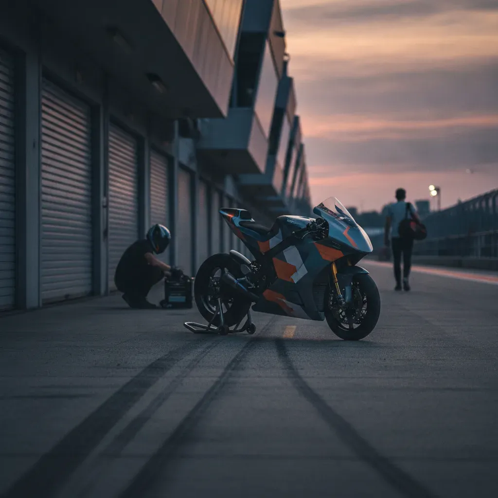 A quiet and empty pit lane at a racetrack, signifying the MotoGP summer break and recovery period.