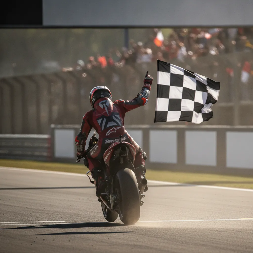 A rider on a red MotoGP bike celebrates crossing the finish line with a chequered flag in view.