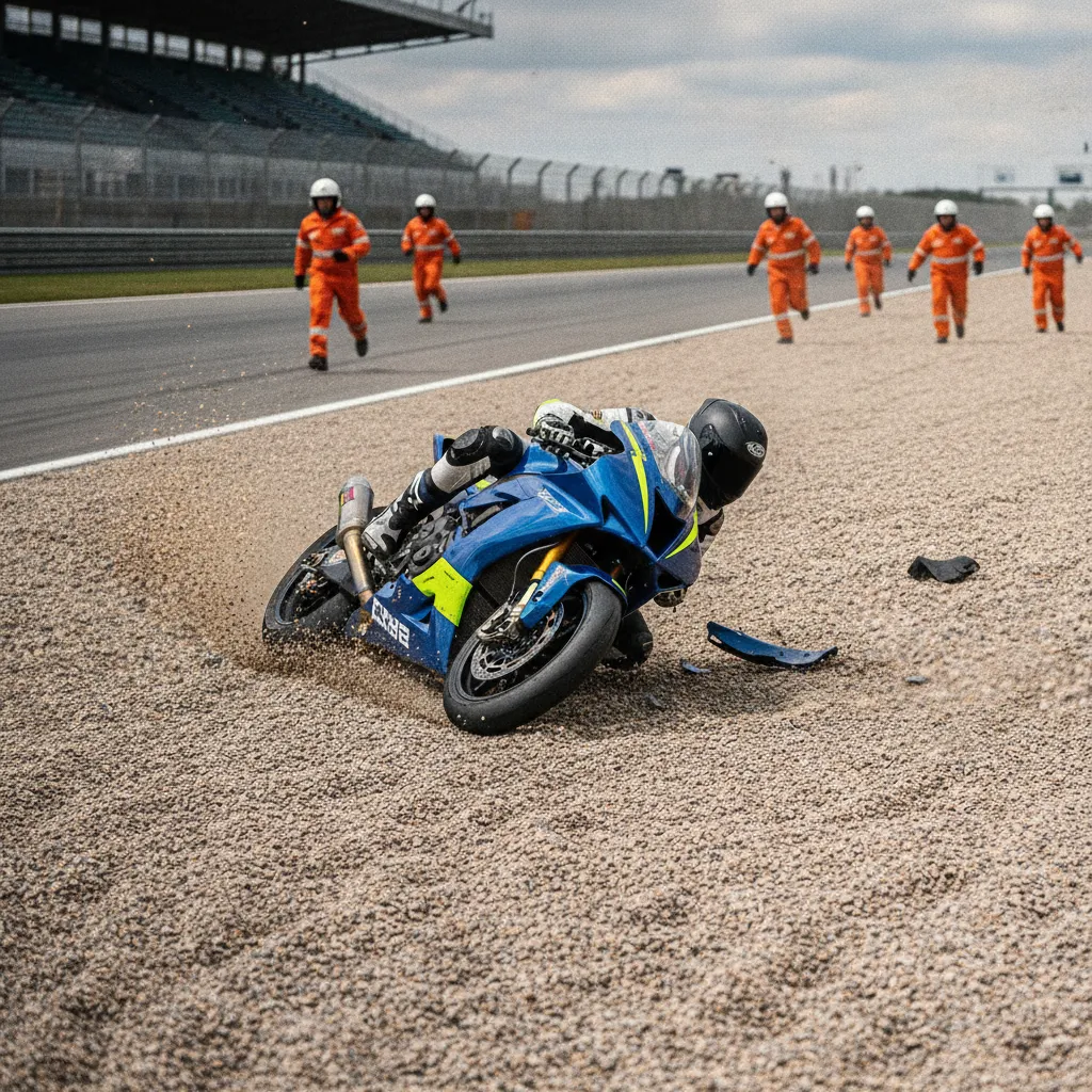 A crashed MotoGP motorcycle lies in the gravel trap of a race circuit.