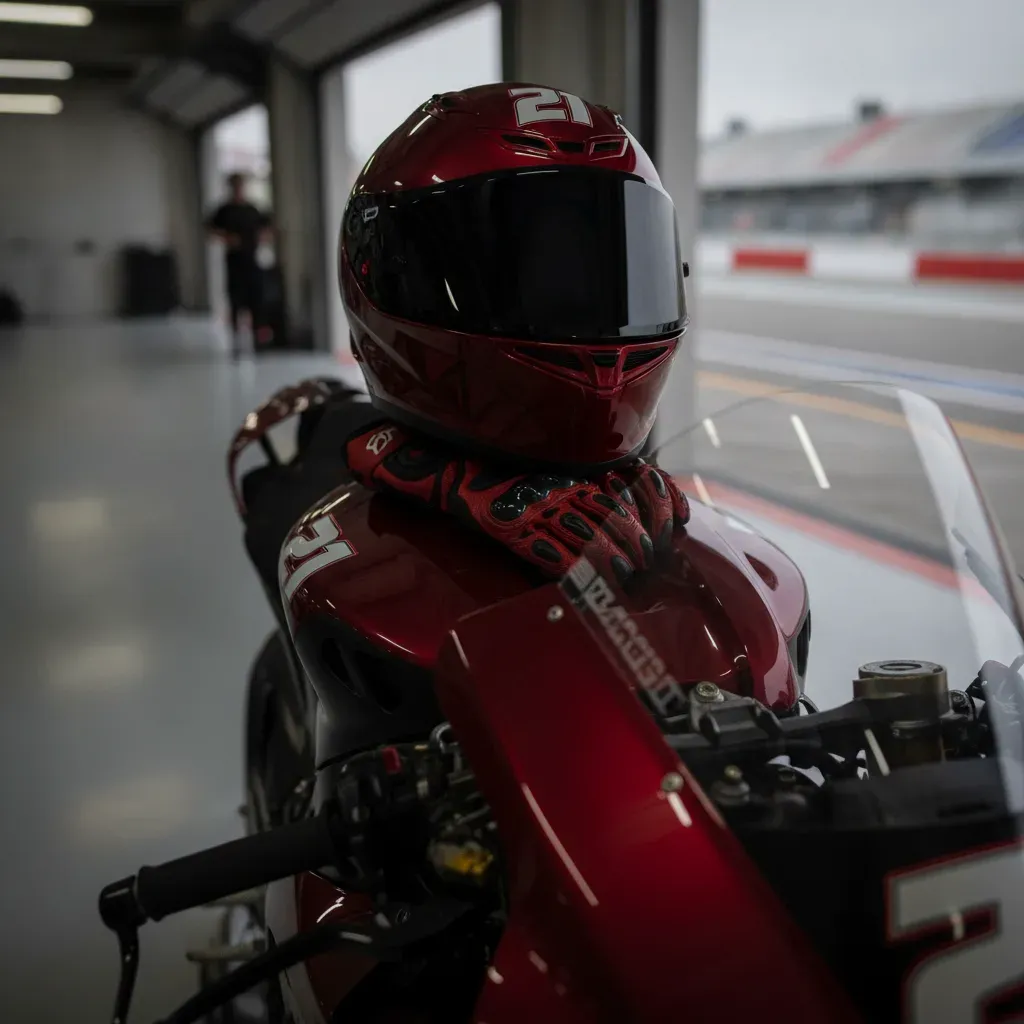 A rider's helmet and gloves sit on the tank of a MotoGP bike in a garage.