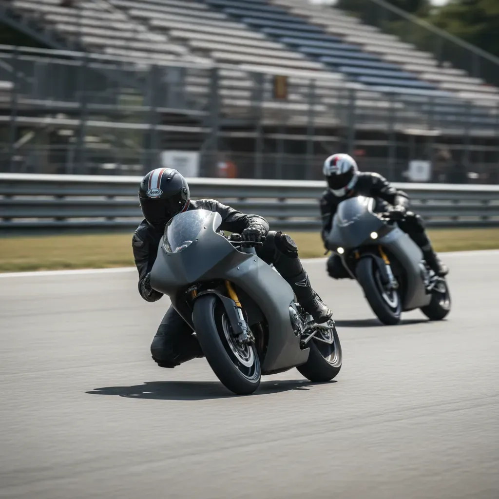 A wide track shot capturing a rider's 'old-school' style. The rider, on a generic prototype bike, is mid-corner, carryin