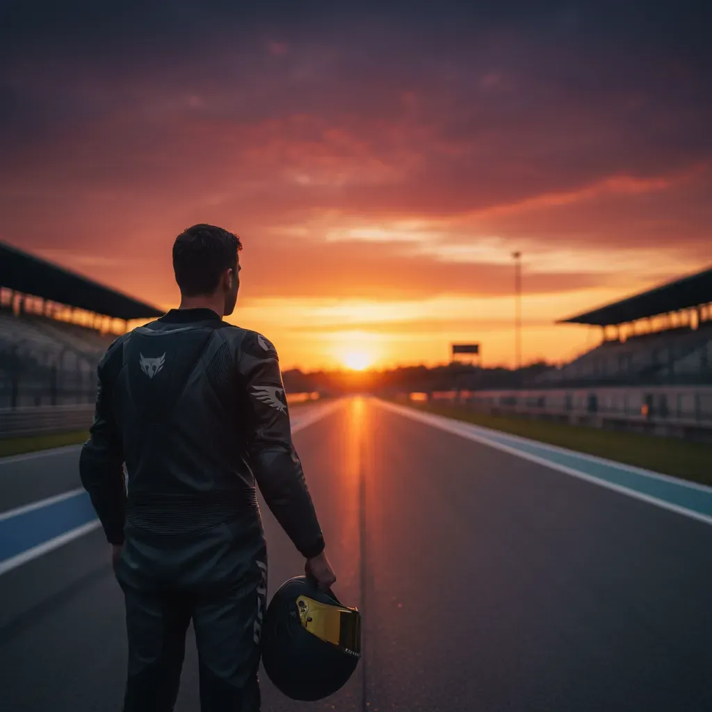 An atmospheric, hopeful shot from behind a rider. He is standing at the edge of the pit lane, looking down the long main