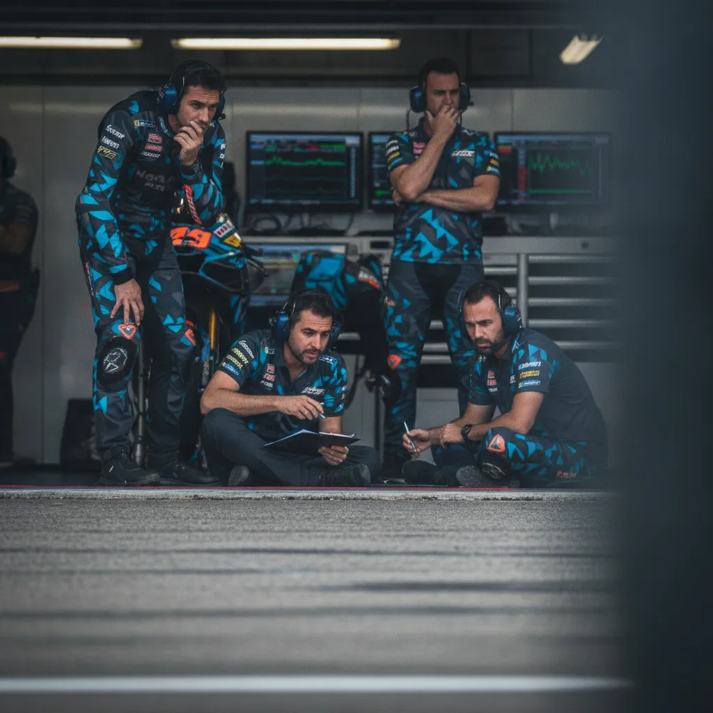 A team of MotoGP mechanics watch monitors intently from their pit box during a race.