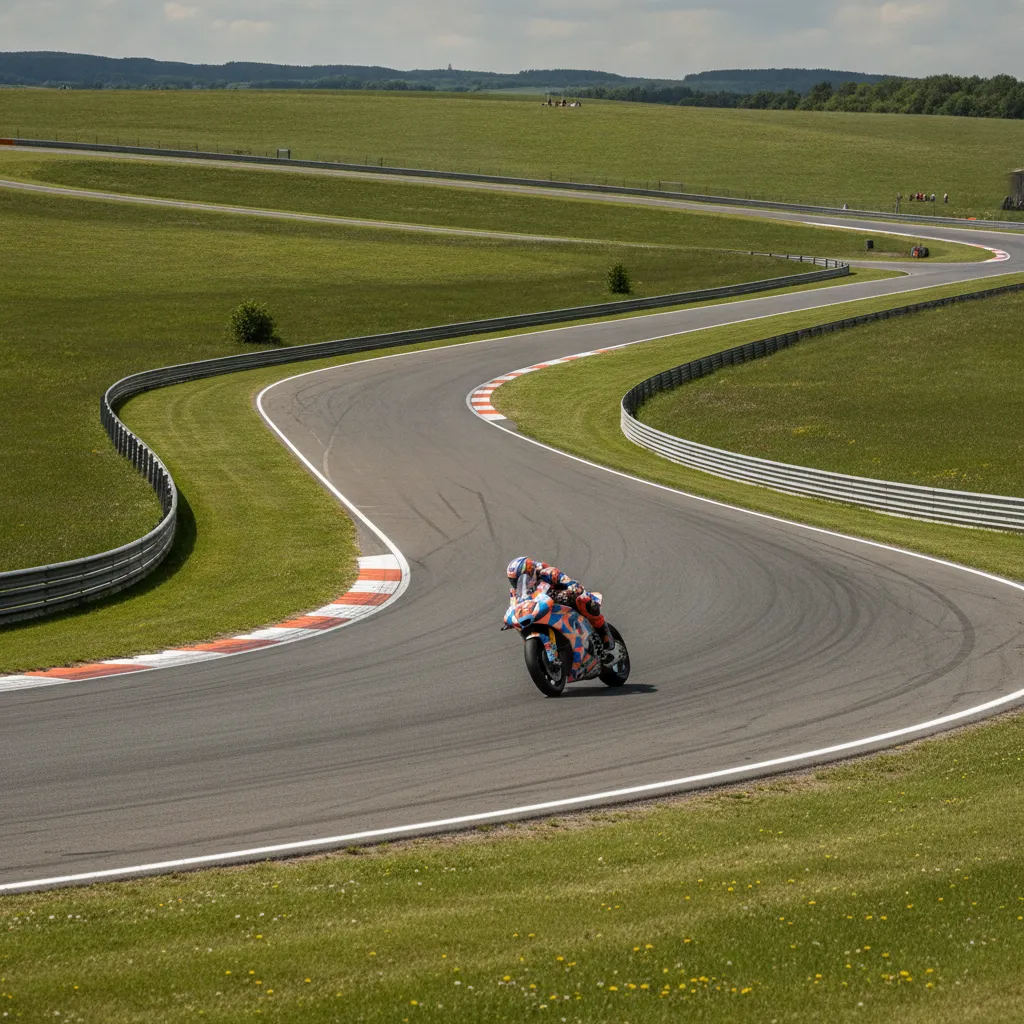A panoramic view of the Sachsenring race track showing its winding layout and significant changes in elevation.