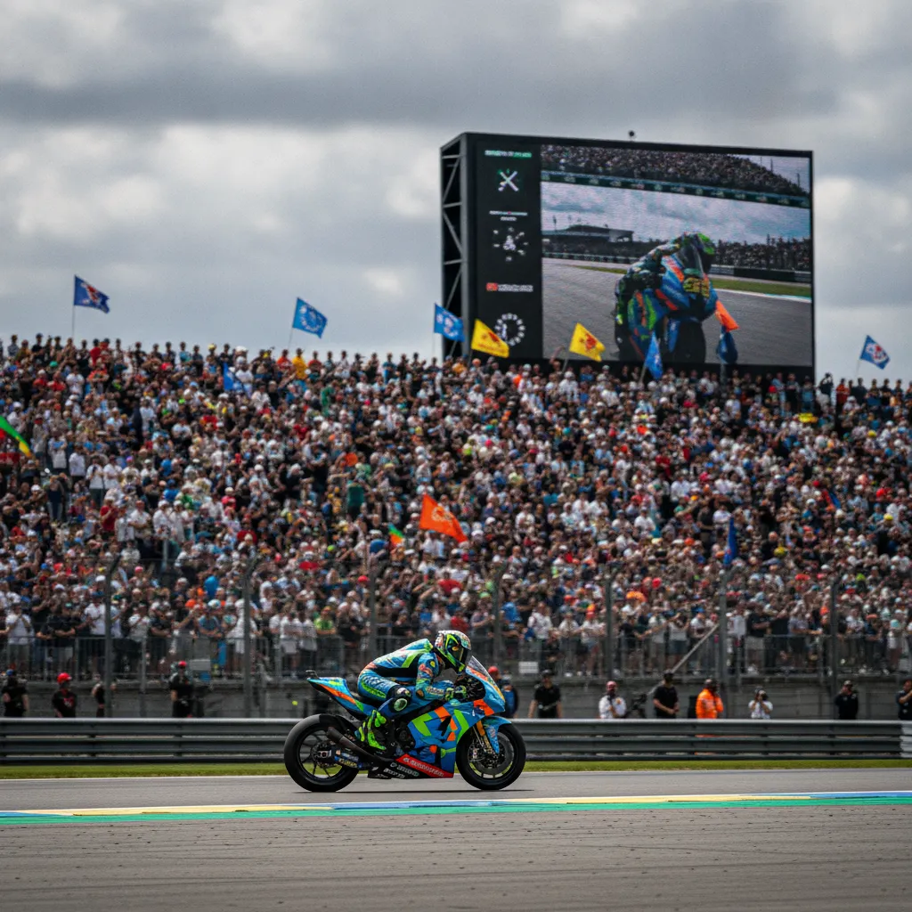 A large, enthusiastic crowd fills the grandstands to watch the British Grand Prix at Silverstone.