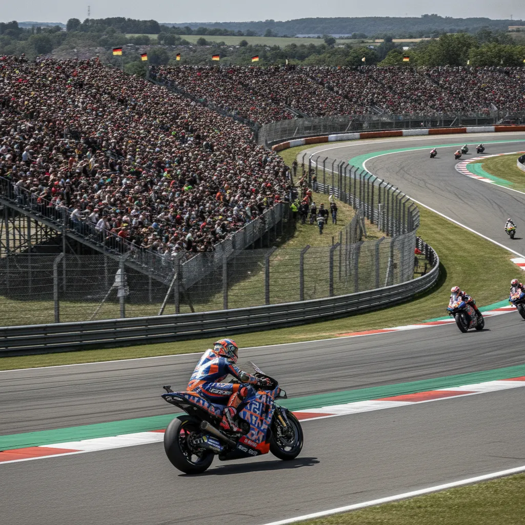 A vast crowd of motorsport fans fills the grandstands surrounding the Sachsenring circuit in Germany.