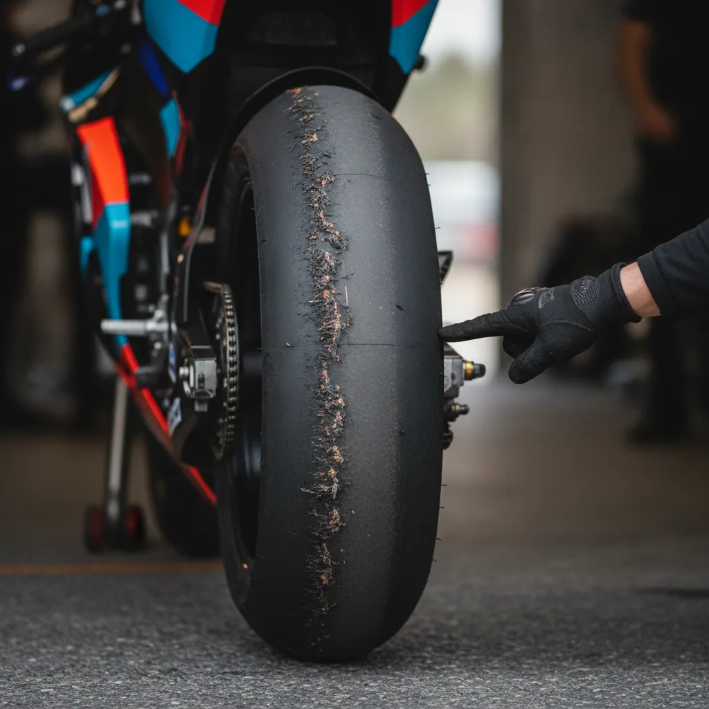 A detailed view of a MotoGP rear tyre shows significant wear on the left side compared to the much cleaner right side.