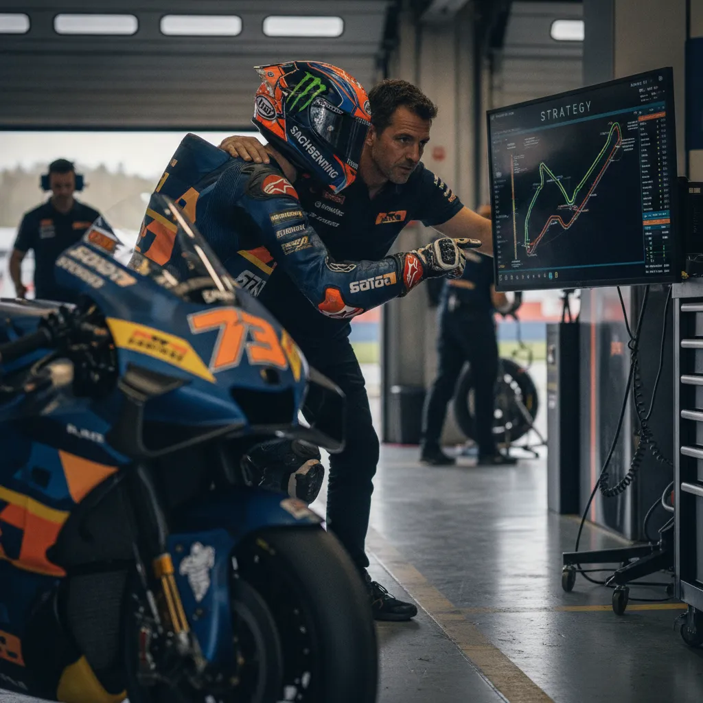 A MotoGP rider and an engineer analyse data on a monitor inside their team garage.