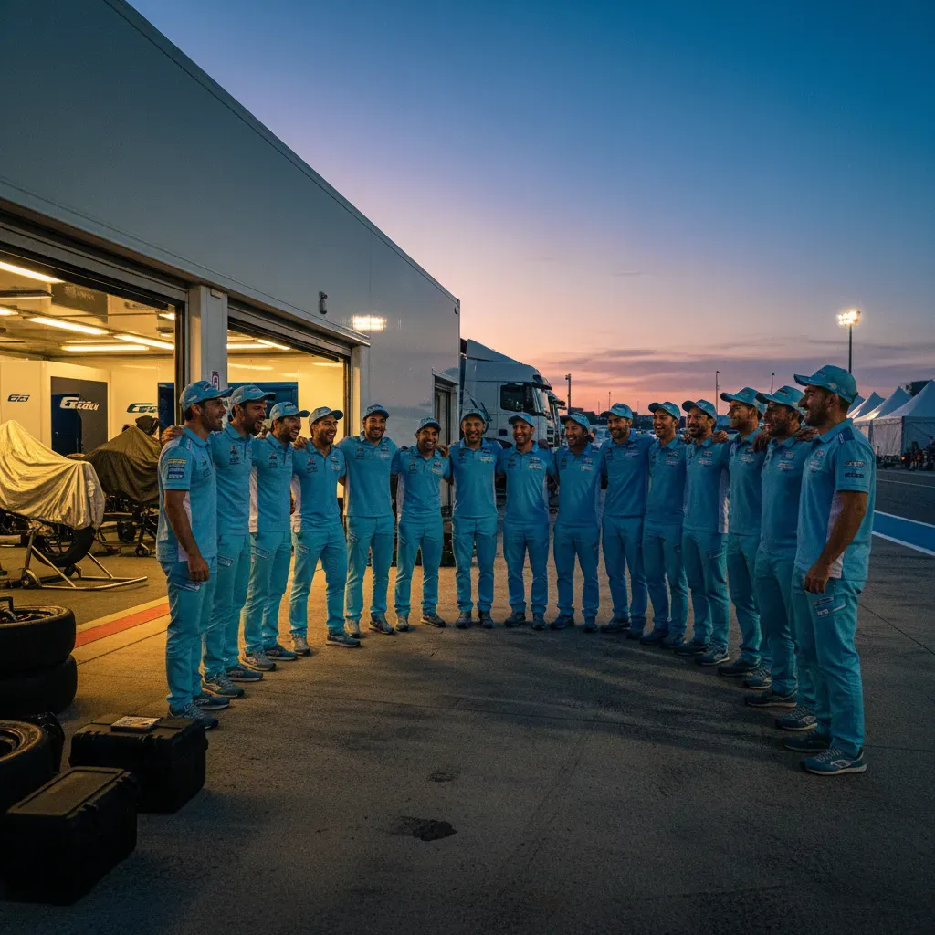 An atmospheric, wide shot of the paddock area at dusk. The Gresini Racing team, in their light-blue uniforms, are gather