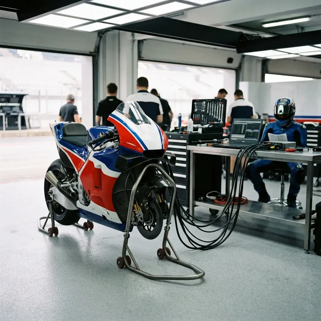 Iconic orange and red liveried racing motorcycles sit under bright fluorescent lights in a pristine pit garage before a