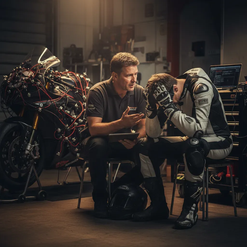 A rider in plain leathers sits on a stool in the corner of the garage, helmet off, head in his hands, deep in conversati