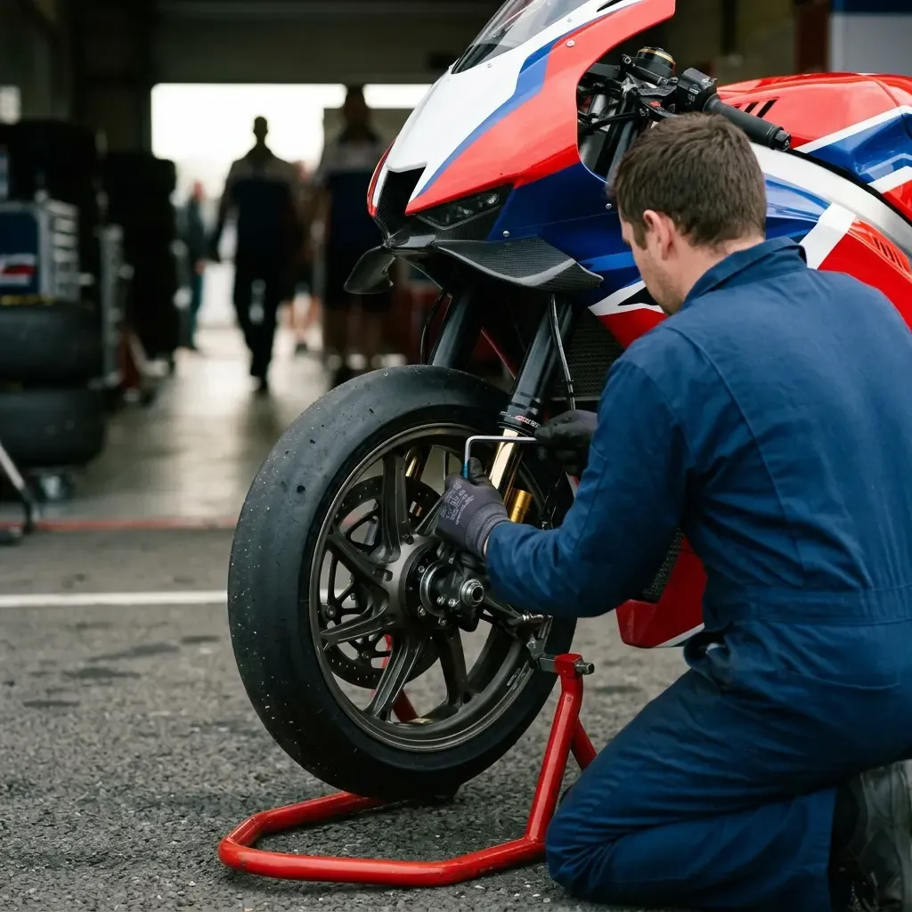 A rider in plain leathers sits on a stool in the corner of the garage, helmet off, head in his hands, deep in conversati