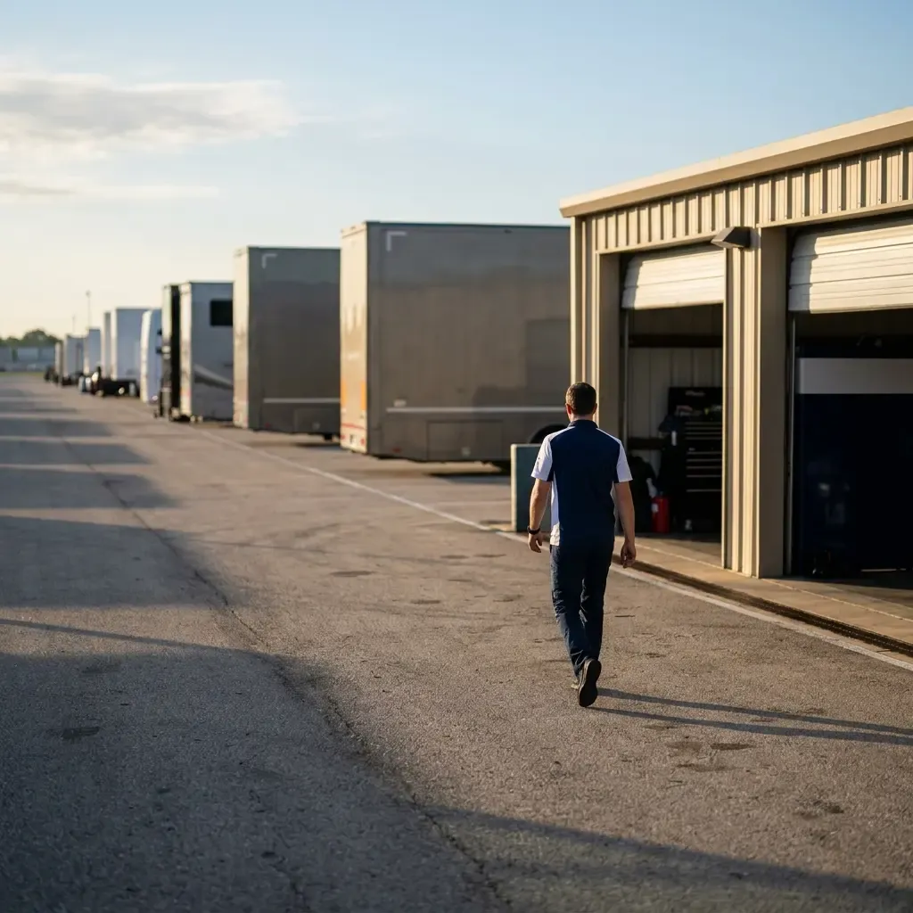 Dawn breaks over the paddock, casting a golden glow on a massive, unbranded team transporter. A small group of engineers