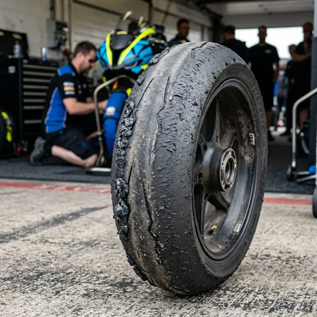 A close-up view of a worn rear MotoGP tyre in the pits, showing the effects of a long race on the rubber.