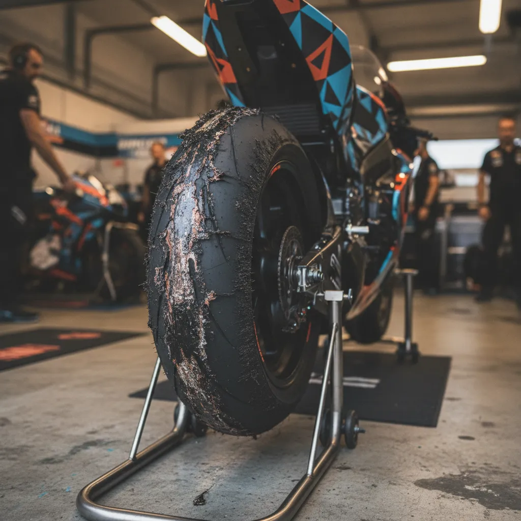 A close-up view of a worn rear MotoGP tyre in the pits, showing the effects of a long race on the rubber.