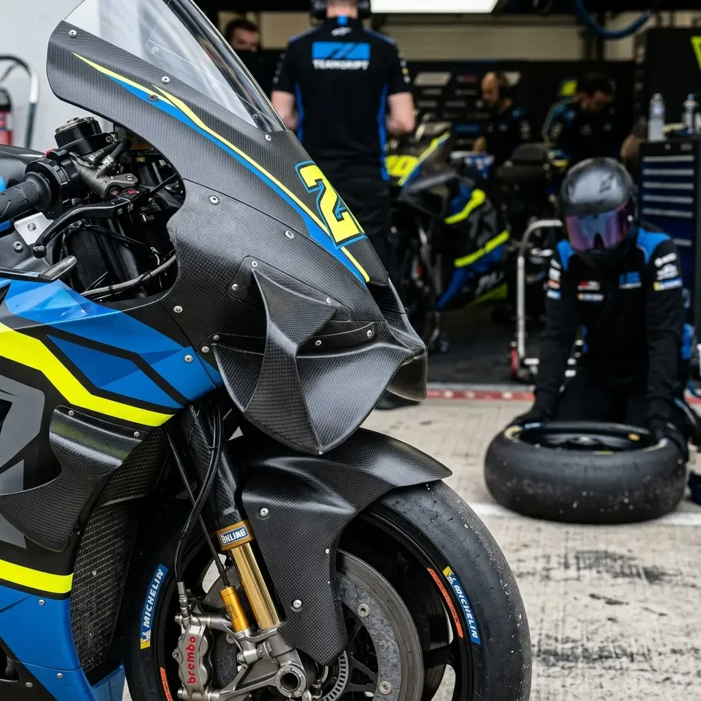 The turbulent 'dirty air' is visible as a heat haze trailing a MotoGP bike at high speed down a long straight.