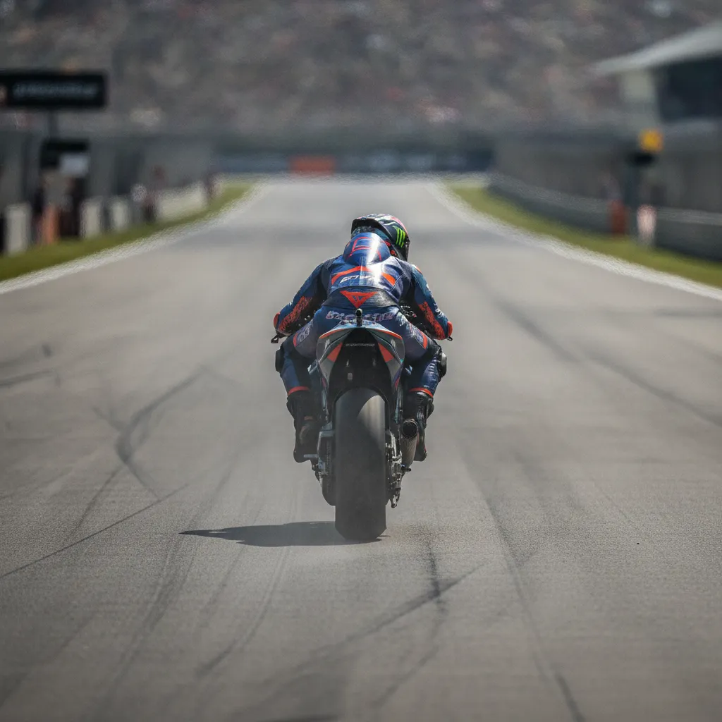 The turbulent 'dirty air' is visible as a heat haze trailing a MotoGP bike at high speed down a long straight.