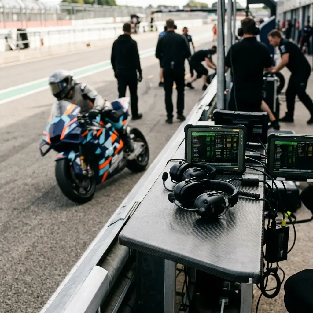 A close-up shot focusing on a rugged laptop resting on a workbench inside a brightly lit MotoGP garage. The screen clear