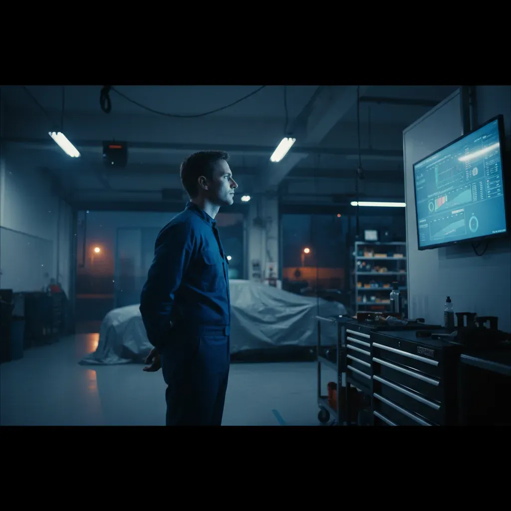 An atmospheric, wide shot of a single race engineer standing alone in a quiet, post-race garage at dusk. The garage is d