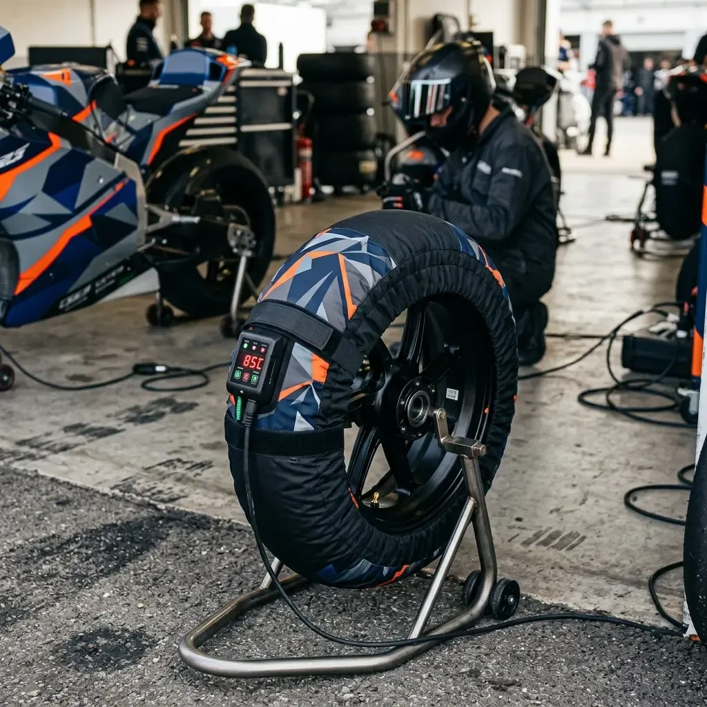 An atmospheric, wide shot of a single race engineer standing alone in a quiet, post-race garage at dusk. The garage is d
