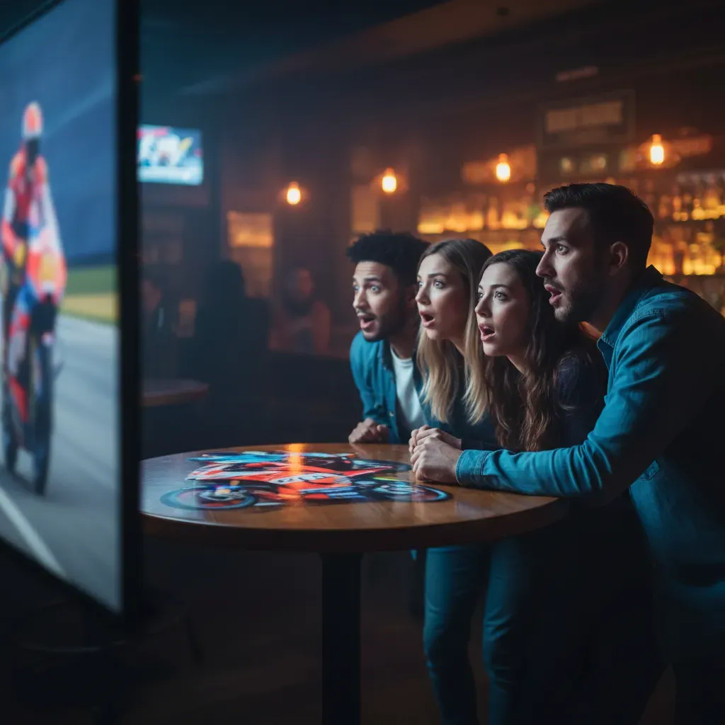 A medium shot from behind a group of diverse friends in a slightly dark, atmospheric sports bar. They are all on their f