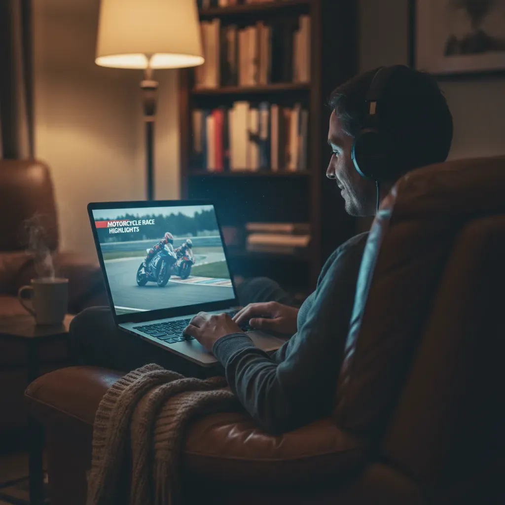 A cozy, atmospheric shot of a person relaxing in an armchair in the evening. They are wearing comfortable headphones and