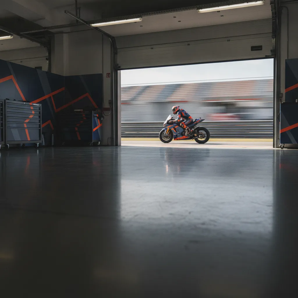 The empty Gresini Racing pit garage, symbolising the absence of an injured rider.