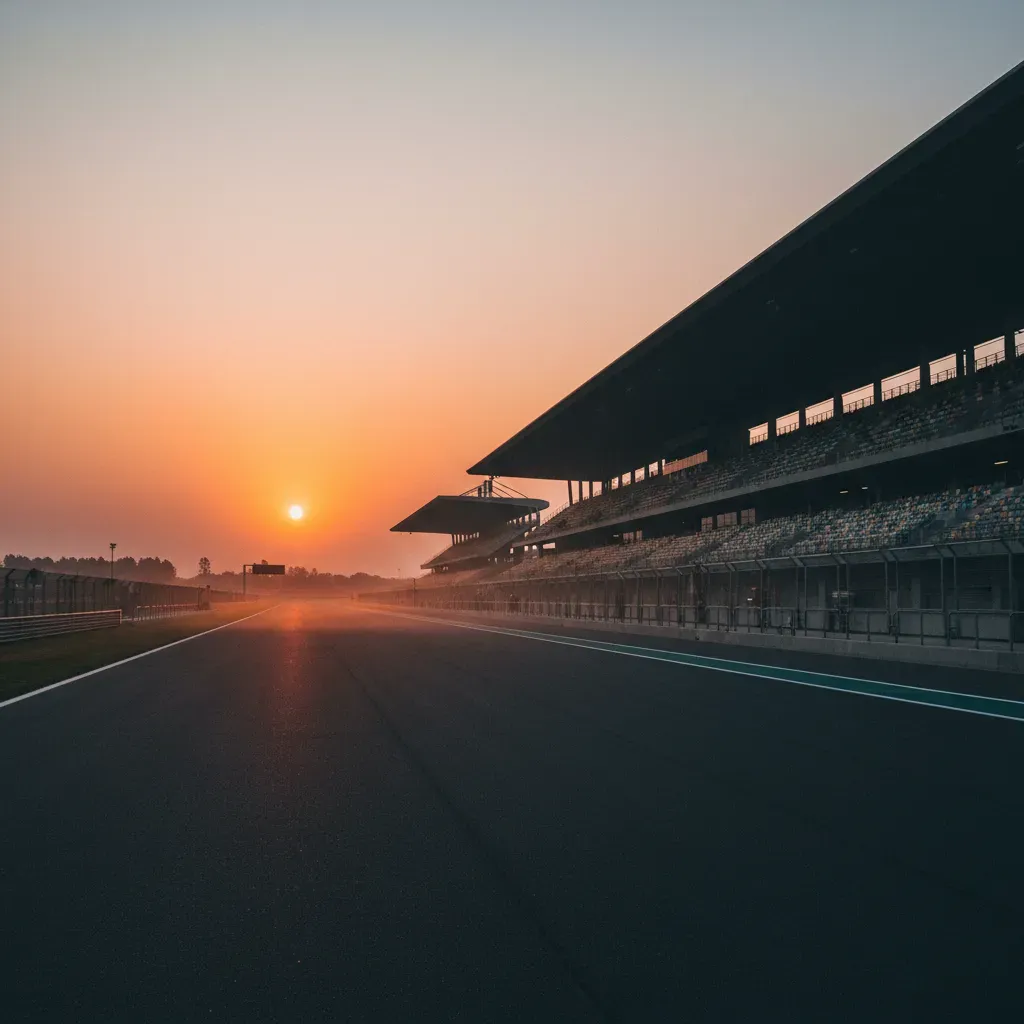A wide, atmospheric shot capturing the immense scale of the Buddh International Circuit's main grandstand at sunrise. A 