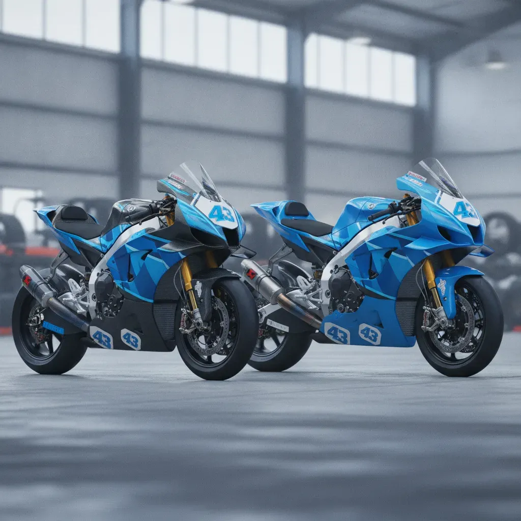 A MotoGP prototype bike and a World Superbike machine are shown side-by-side in a garage for comparison.