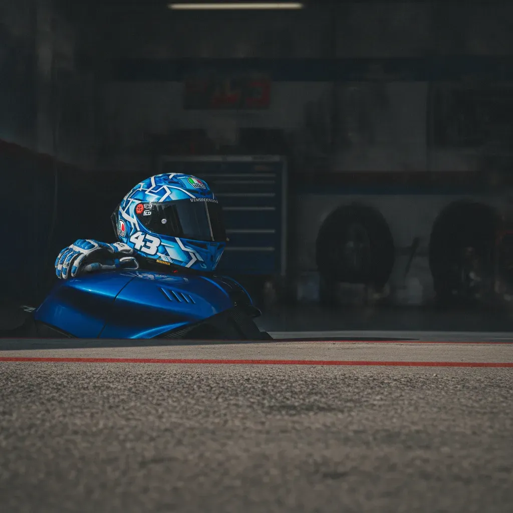 A rider's helmet and gloves sit on the fuel tank of a MotoGP bike in a quiet garage.