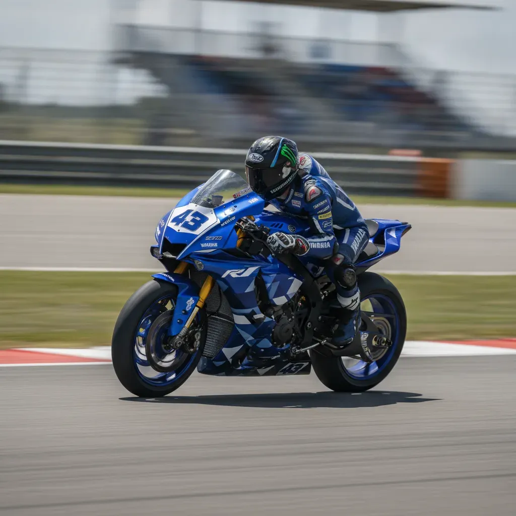 A blue Yamaha World Superbike leans through a fast corner at a race track.