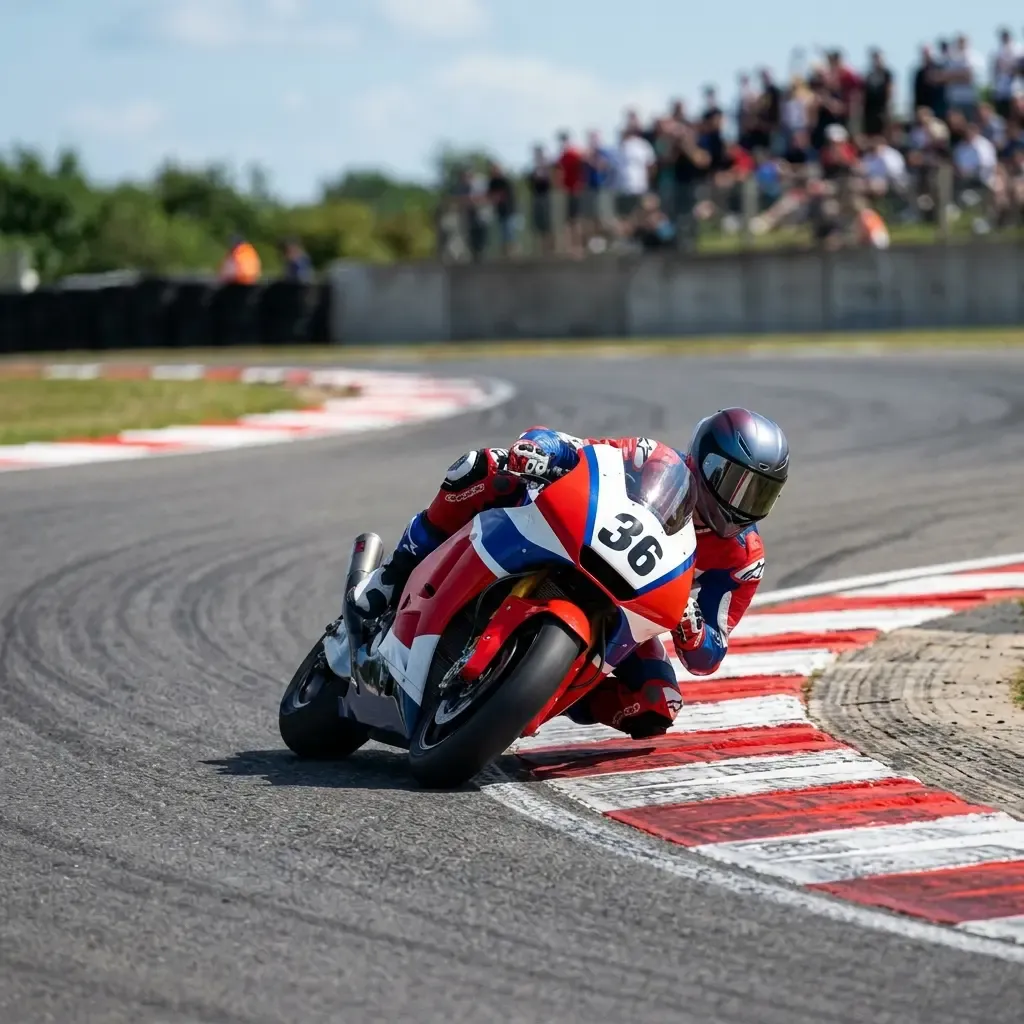 A low-angle shot from the inside of a fast, sweeping corner. An anonymous rider in a simple blue and white suit is leane
