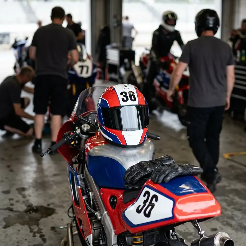 An intimate close-up on the helmet of a racer sitting on his bike in the pit lane. The glossy visor reflects the complex