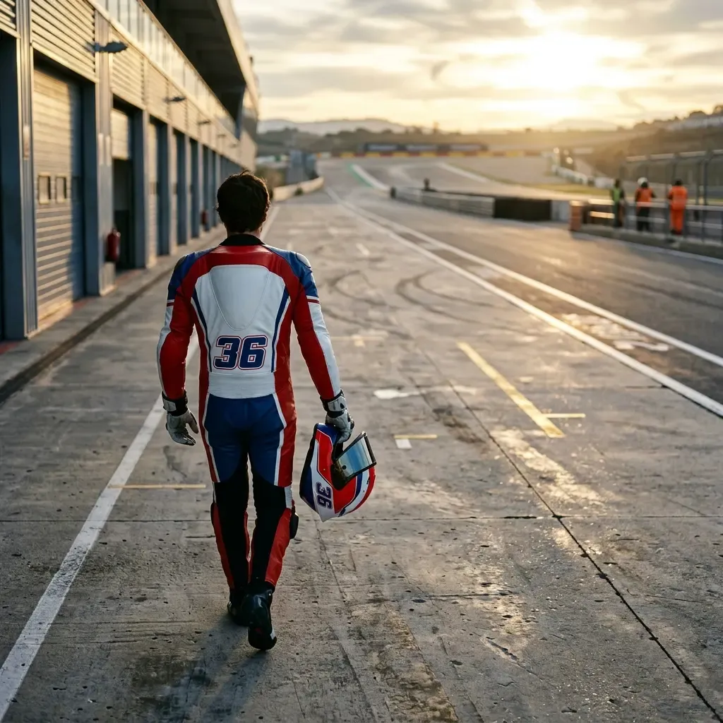 A rider in dark, unbranded leathers stands at the end of a pit lane at dawn, looking towards the track. The rising sun c