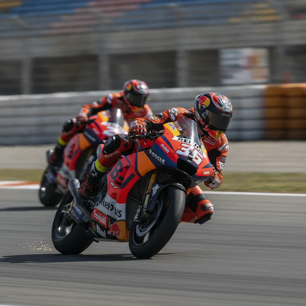 A factory Honda rider battles for position during the Aragon Grand Prix.