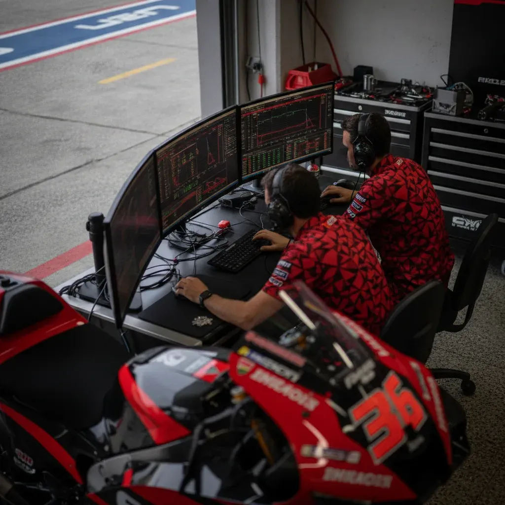 Honda team engineers analyse race data on computer screens in the pit garage.
